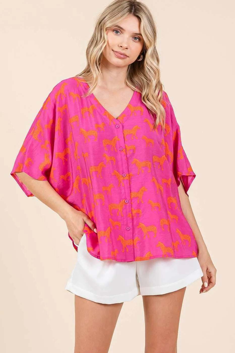 Mittoshop Zebra Print V-Neck Button Down Dolman Sleeve Top FUCHSIA Tops