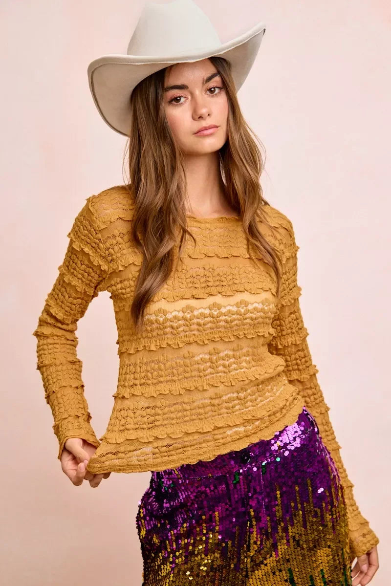 Mustard yellow textured BiBi ruffles detail sweater with relaxed fit