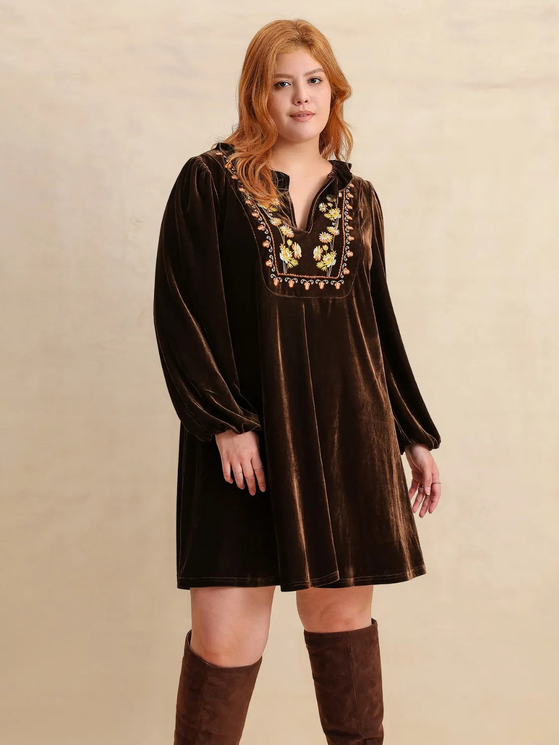 Plus Size Embroidered Notched Balloon Sleeve Mini Dress | Daverri Fashions