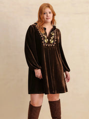 Plus Size Embroidered Notched Balloon Sleeve Mini Dress | Daverri Fashions