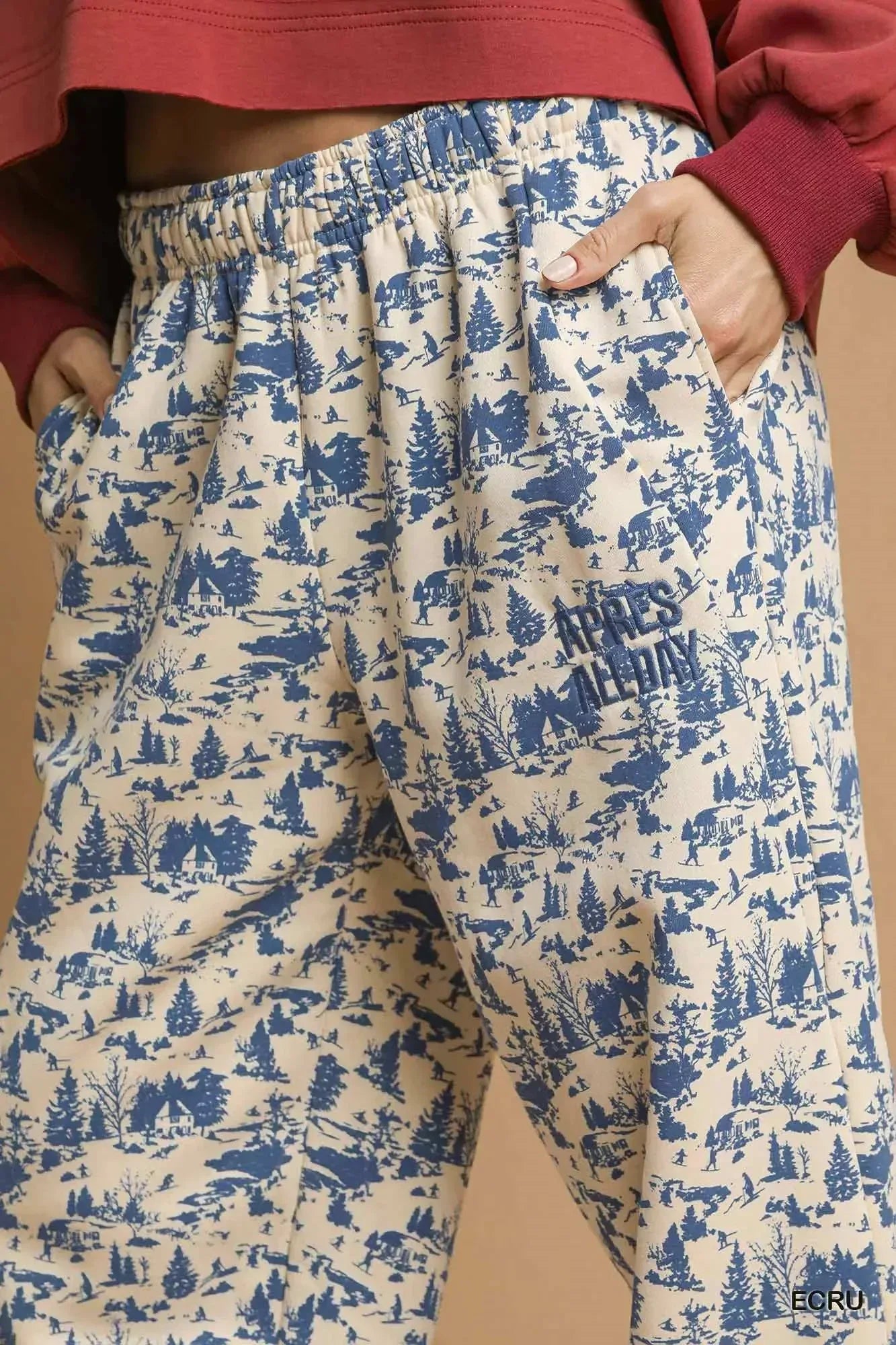 Umgee Scenic Print Casual Sweatpants Ecru - DAVERRI FASHIONS