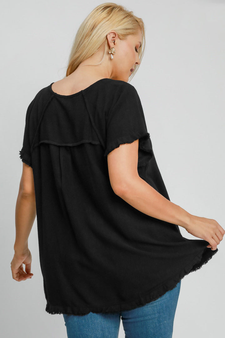 Umgee Full Size Seam Detail Linen Ruffle Fringe Edge Top Plus Size Tops