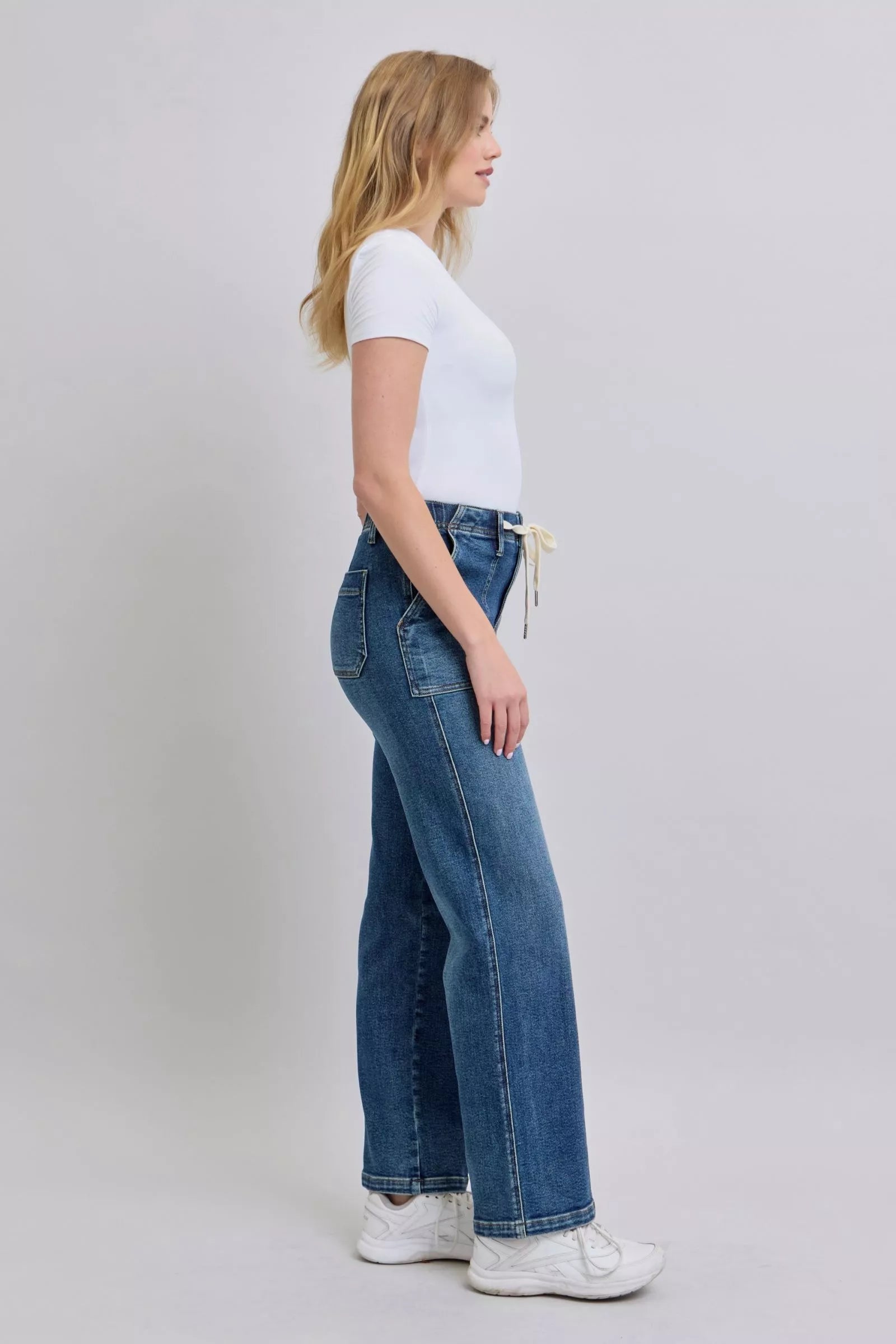 Judy Blue drawstring straight jeans with pockets, blue high-waisted wide-leg