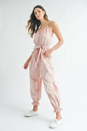 MABLE Washed Fabric Spaghetti Strap Waist Belted Jumpsuit | Jumpsuits Daverri Fashions