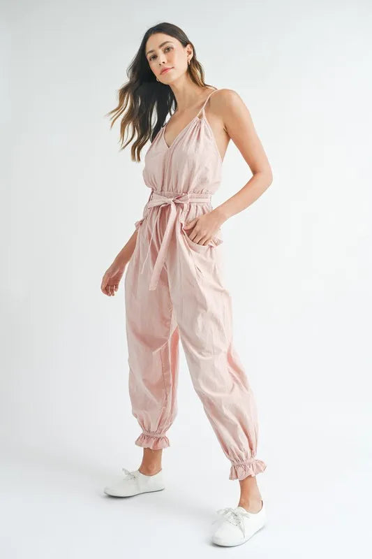MABLE Washed Fabric Spaghetti Strap Waist Belted Jumpsuit Jumpsuits