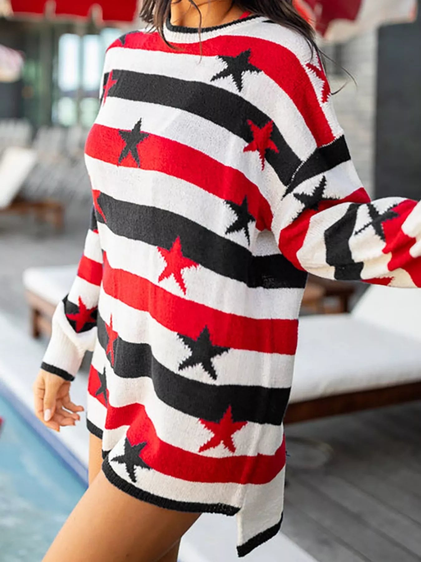 Daverri Stars and Stripes long sleeve sweater with red white black stripes stars