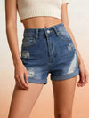 Daverri Distressed High-Waisted Denim Shorts with frayed patches and rolled cuffs