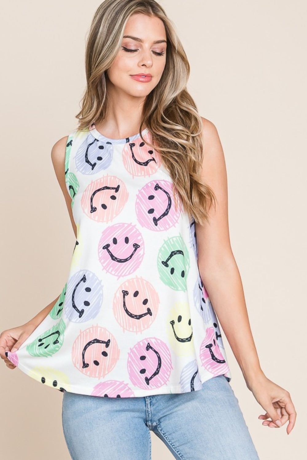BOMBOM Smiley Face Round Neck Tank | Daverri Fashions