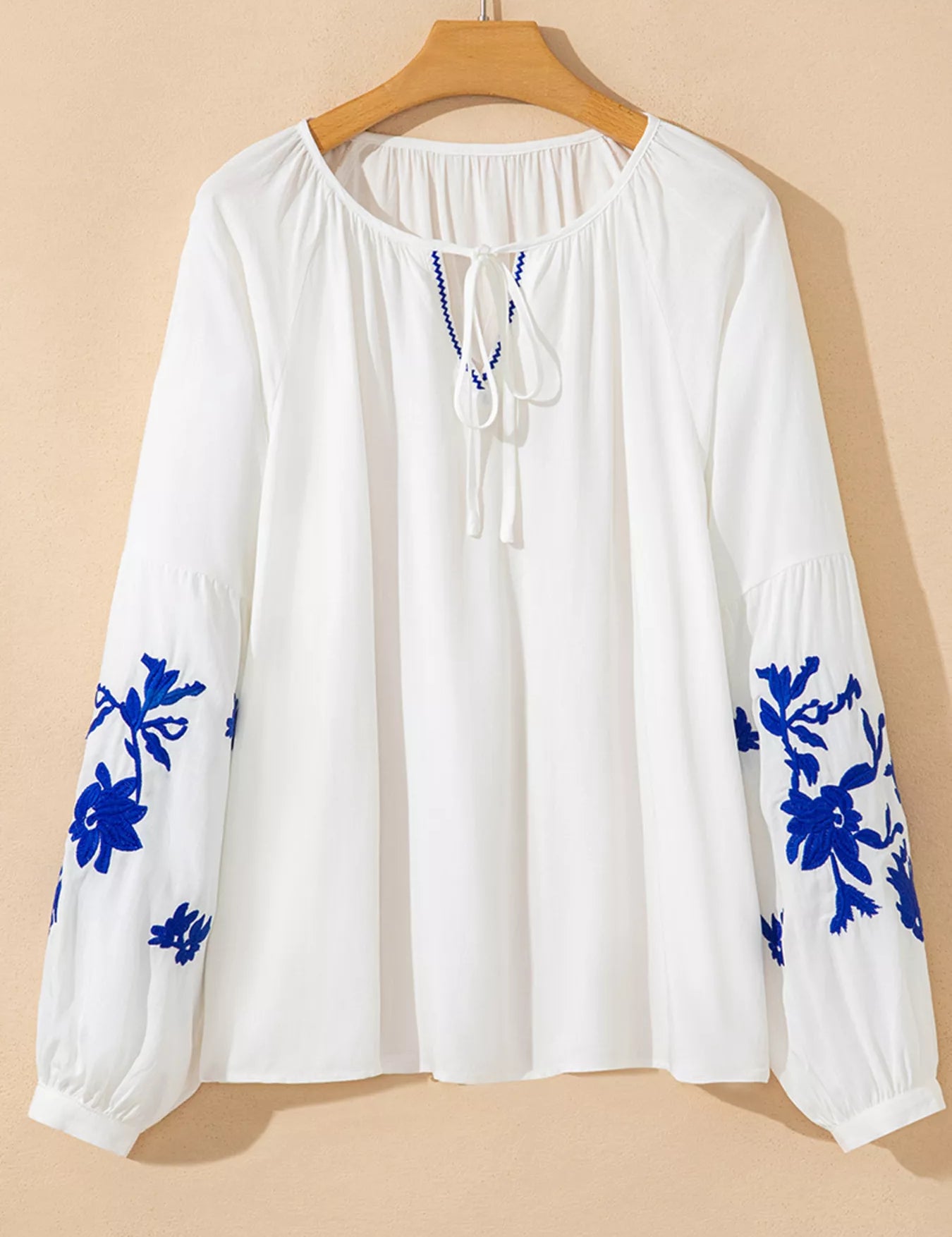 Floral Embroidered Tie Neck Blouse | Blouses Daverri Fashions