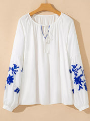 Floral Embroidered Tie Neck Blouse | Blouses Daverri Fashions