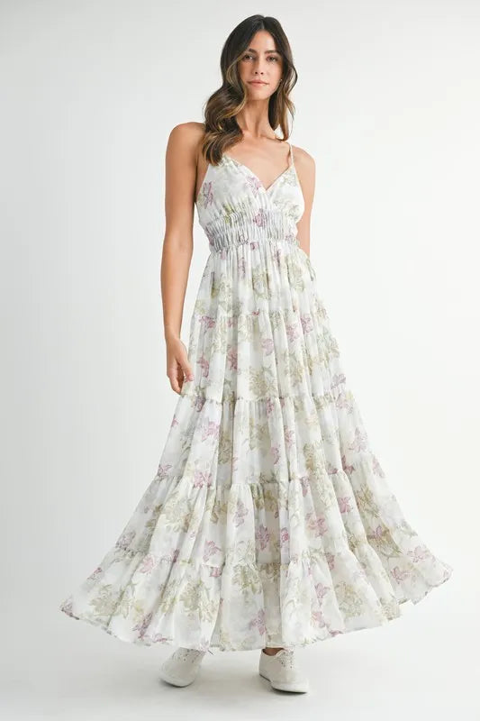 MABLE Floral Print Tiered Cami Maxi Dress Green