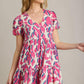 Umgee Full Size Abstract Print Pleat Detail Short Sleeve V-Neck Tiered Dress Plus Size CREAMMIX S