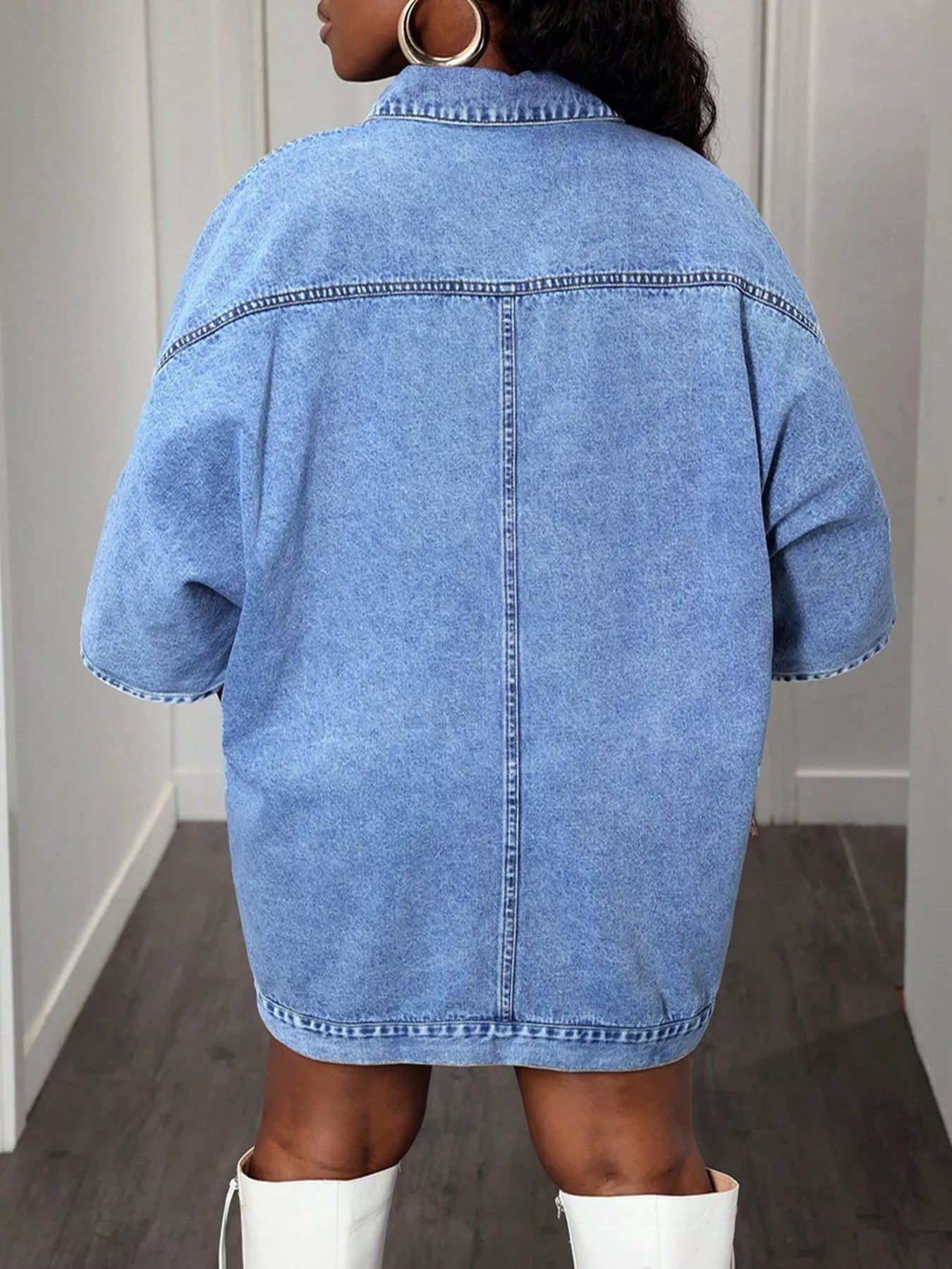 Oversized light-wash denim jacket with batwing short sleeves