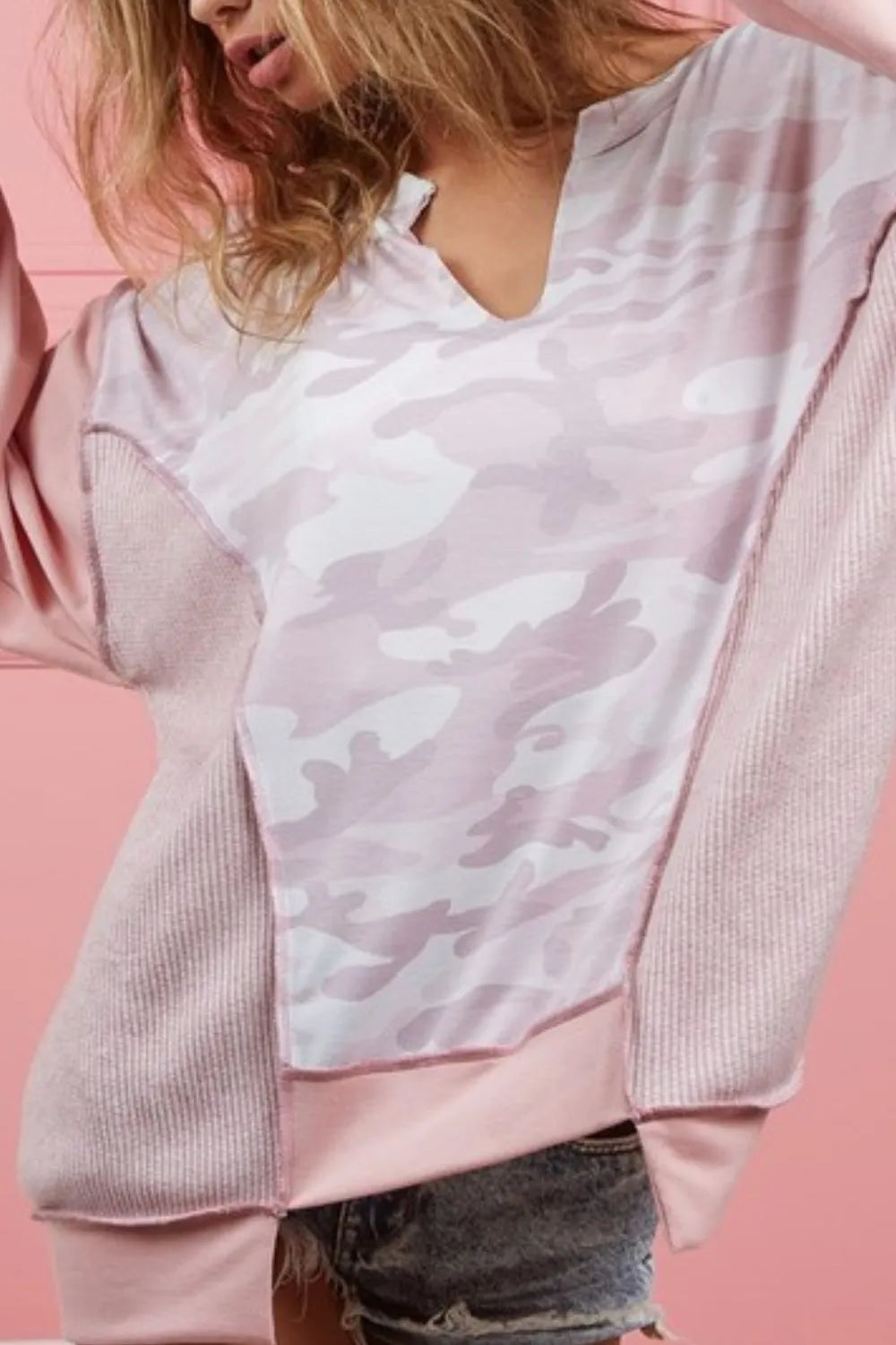 BiBi pink camo printed French terry knit color block sweatshirt