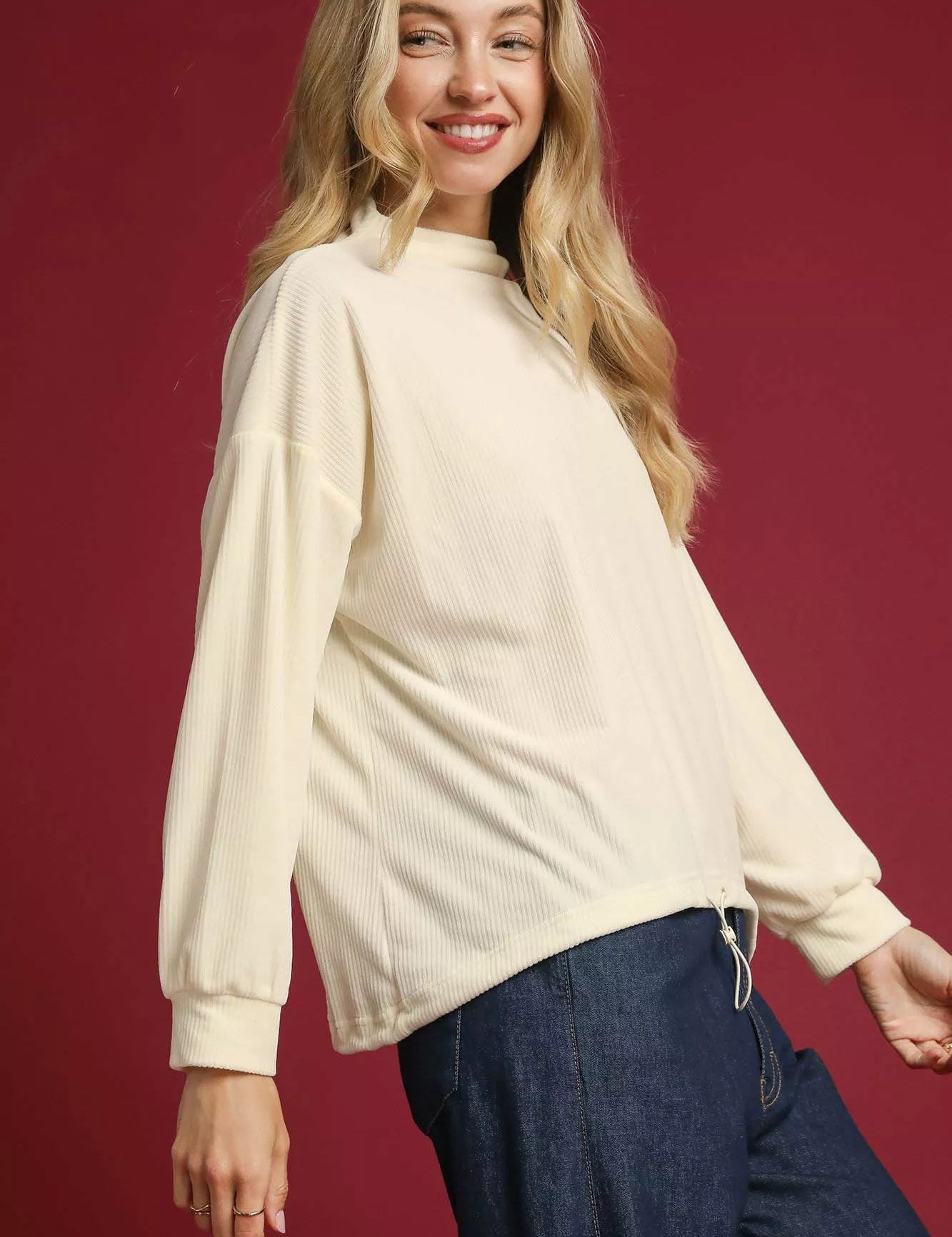 Umgee Ribbed Drawstring Hem Knit Top | Tops Daverri Fashions