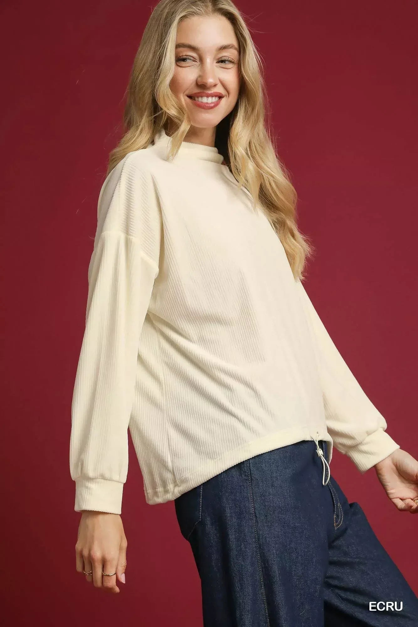 Umgee Ribbed Drawstring Hem Knit Top - DAVERRI FASHIONS