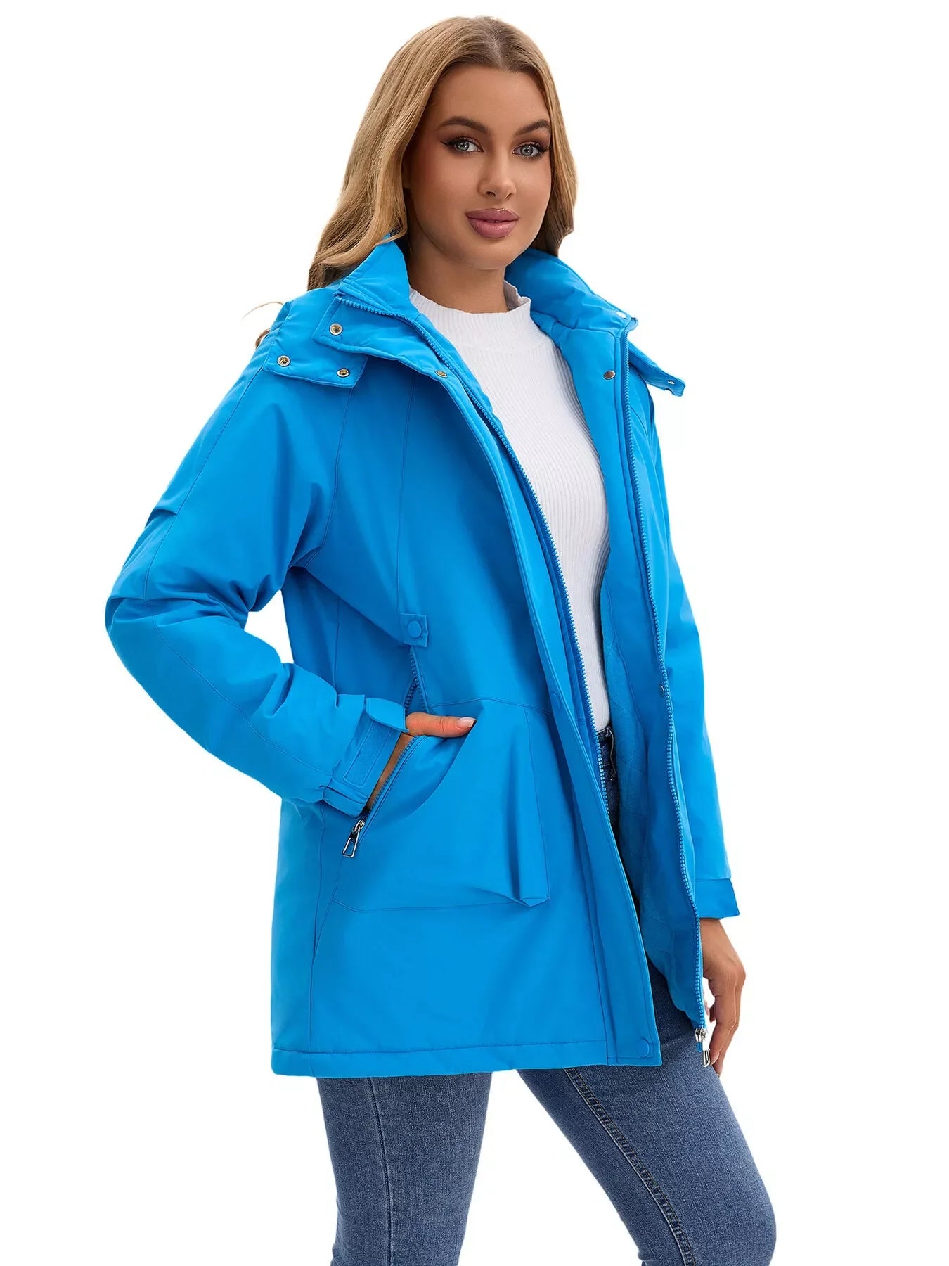 Vibrant blue Daverri Fashions waterproof hooded parka with zipper pockets