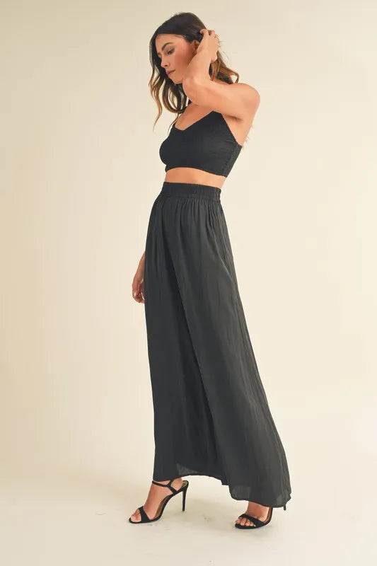 MABLE Smocked Bralette Crop Top and Wide Leg Pants Set Outfit Sets