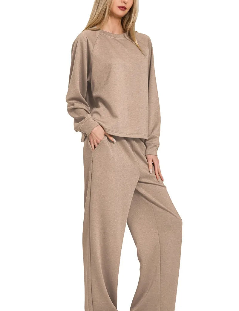 COCOA Zenana Scuba Crewneck Sweatshirt and Pants Set | Loungewear Sets Daverri Fashions