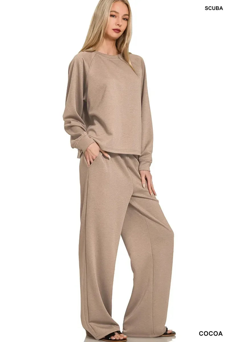 Zenana Scuba Crewneck Sweatshirt and Pants Set Cocoa - DAVERRI FASHIONS
