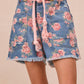 BiBi floral print denim shorts with pink drawstring belt and frayed hem