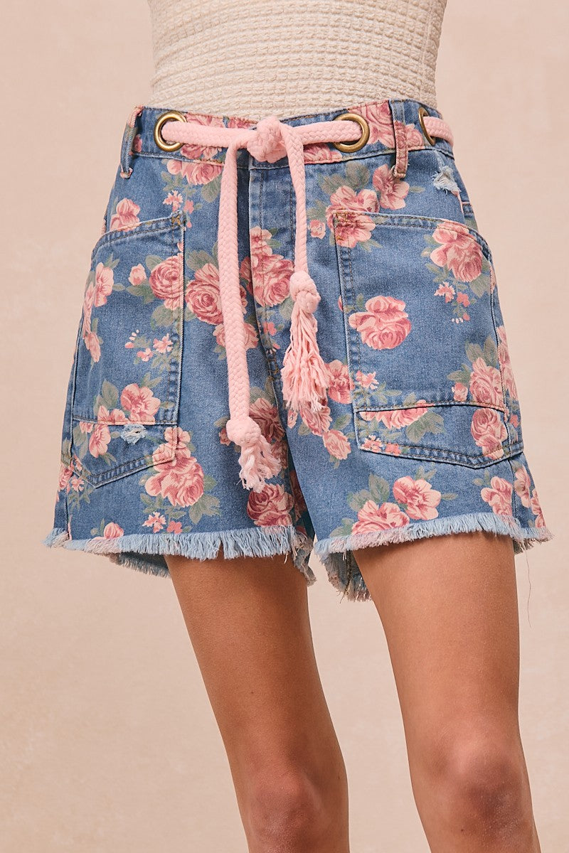 BiBi floral print denim shorts with pink drawstring belt and frayed hem