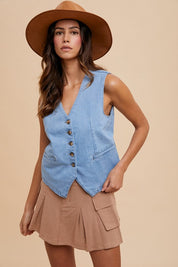 Annie Wear Button Down V-Neck Denim Vest Vests