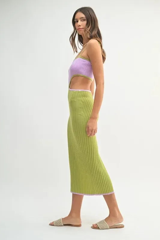 MABLE Lime Ribbed Knit Color Block Cutout Midi Dress - DAVERRI FASHIONS