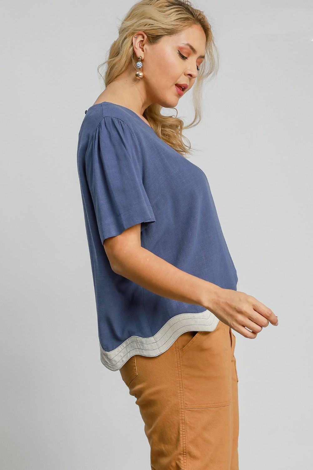 Umgee Full Size Linen Blend Scalloped Hem Top Plus Size Tops