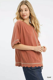 Umgee Linen Blend Scallop Trim Top | Tops Daverri Fashions