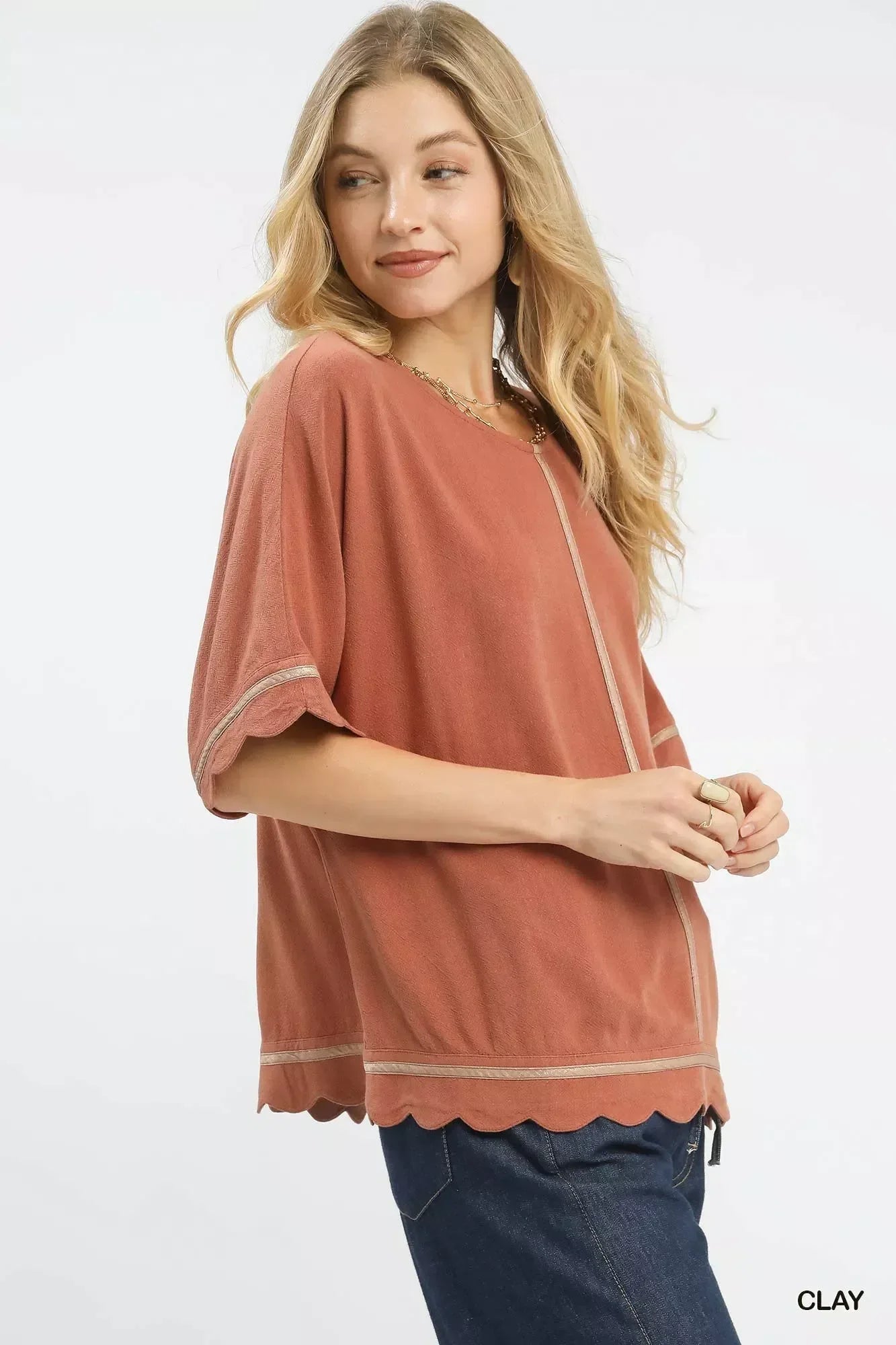 Umgee Linen Blend Scallop Trim Top - DAVERRI FASHIONS