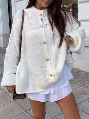White Oversized Knit Button-Down Batwing Sleeve Cardigan | Cardigans Daverri Fashions