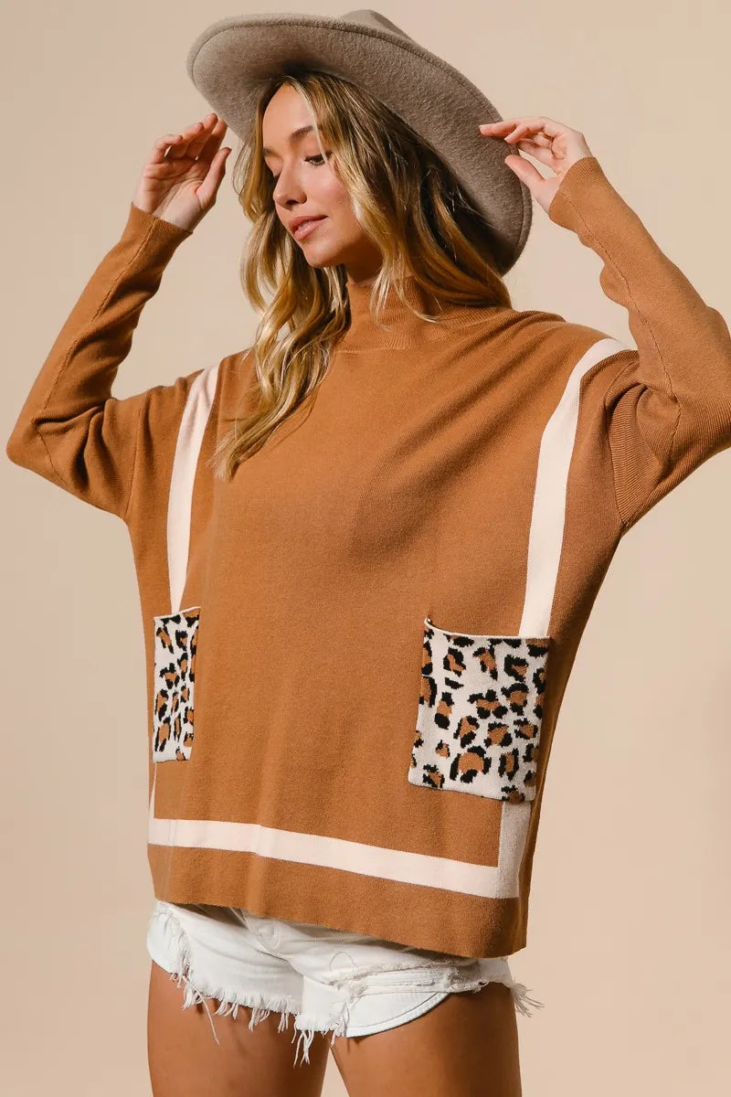 BiBi Mock Neck Sweater with Leopard Pocket Sweaters