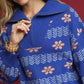 Umgee Floral Patterned Jacquard Quarter-Zip Pullover Sweater Ocean - DAVERRI FASHIONS