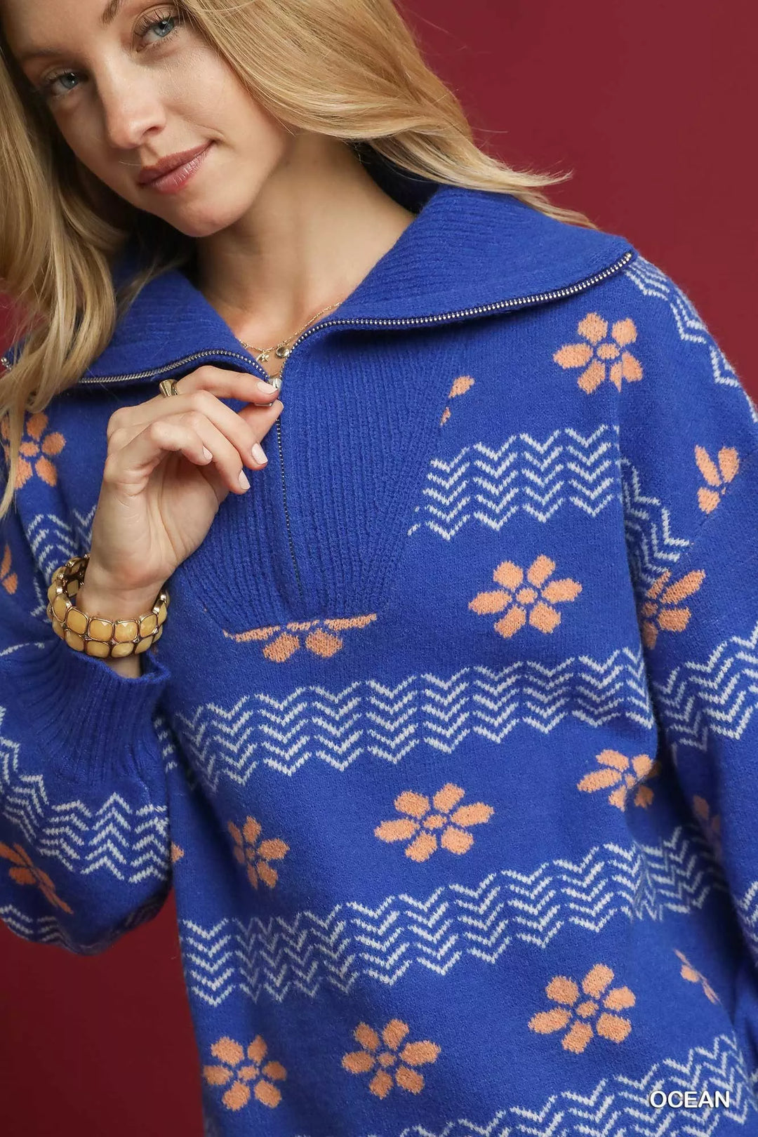 Umgee Floral Patterned Jacquard Quarter-Zip Pullover Sweater | Daverri Fashions