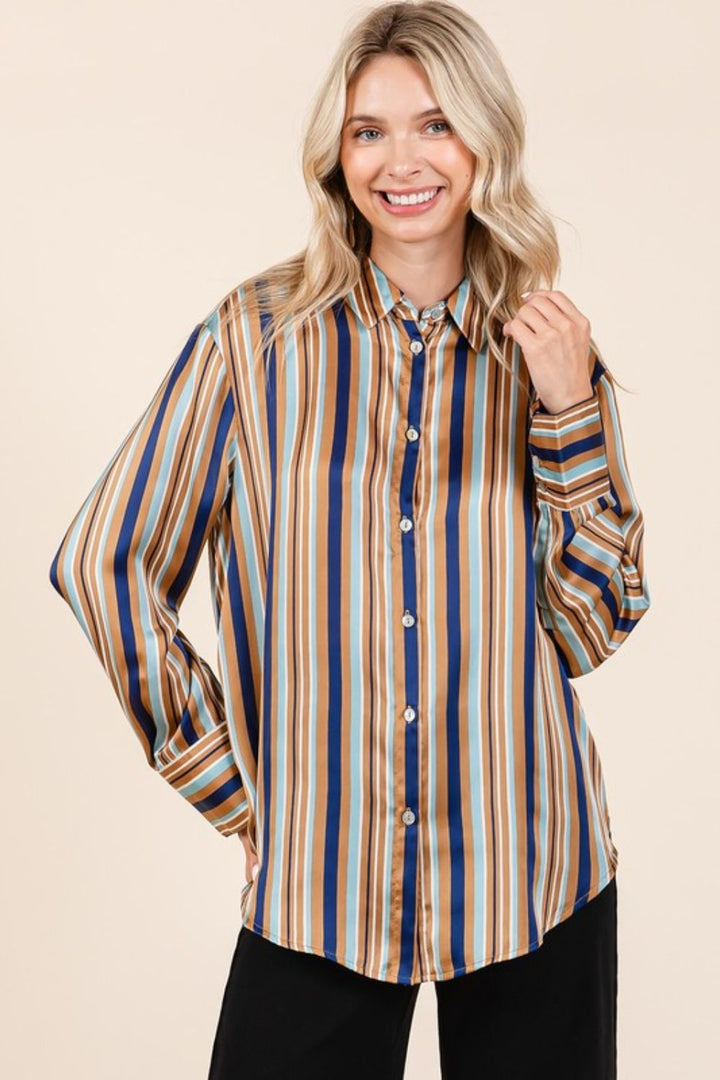 Mittoshop Striped Button Down Satin Shirt Navy Multicolor