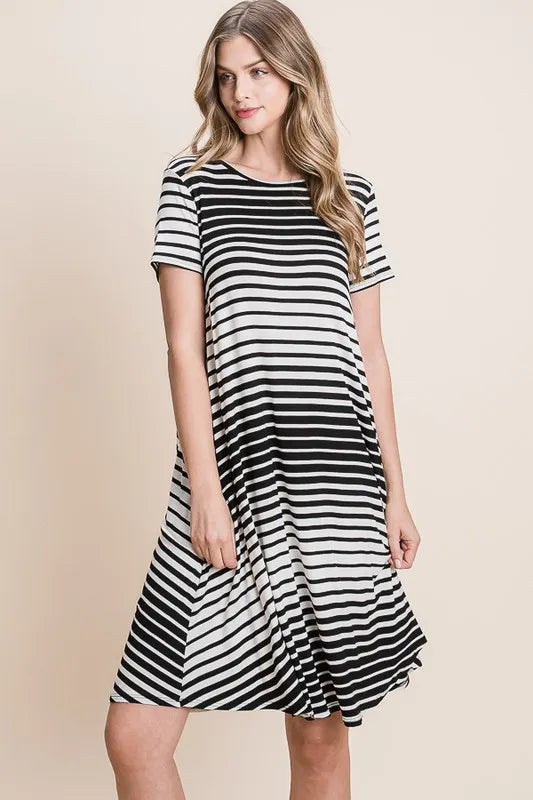 BOMBOM Casual Stripe Round Neck Tee Dress