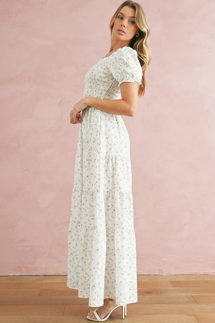 White Frill Neckline Shirred Bodice Floral Maxi Dress Maxi Dresses