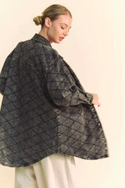 Davi & Dani Curved Hem Diamond Quilted Button Up Denim Shacket | Shackets Daverri Fashions