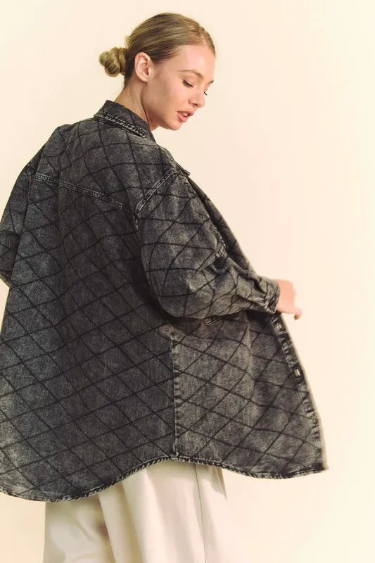 Davi & Dani Curved Hem Diamond Quilted Button Up Denim Shacket | Shackets Daverri Fashions
