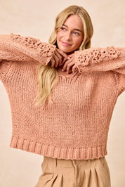 BiBi Chunky Knit Sweater with Flower Detail Sleeves | Sweaters Daverri Fashions