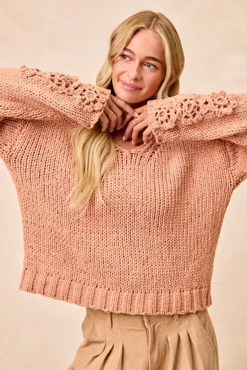 BiBi Chunky Knit Sweater with Flower Detail Sleeves - DAVERRI FASHIONS