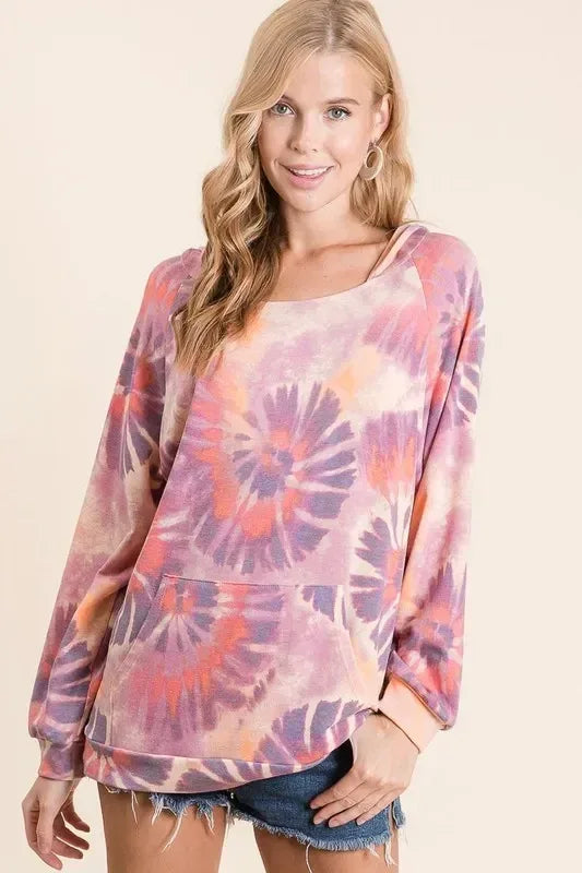 BiBi Circular Tie Dye Print Terry Hoodie with Kangaroo - DAVERRI FASHIONS