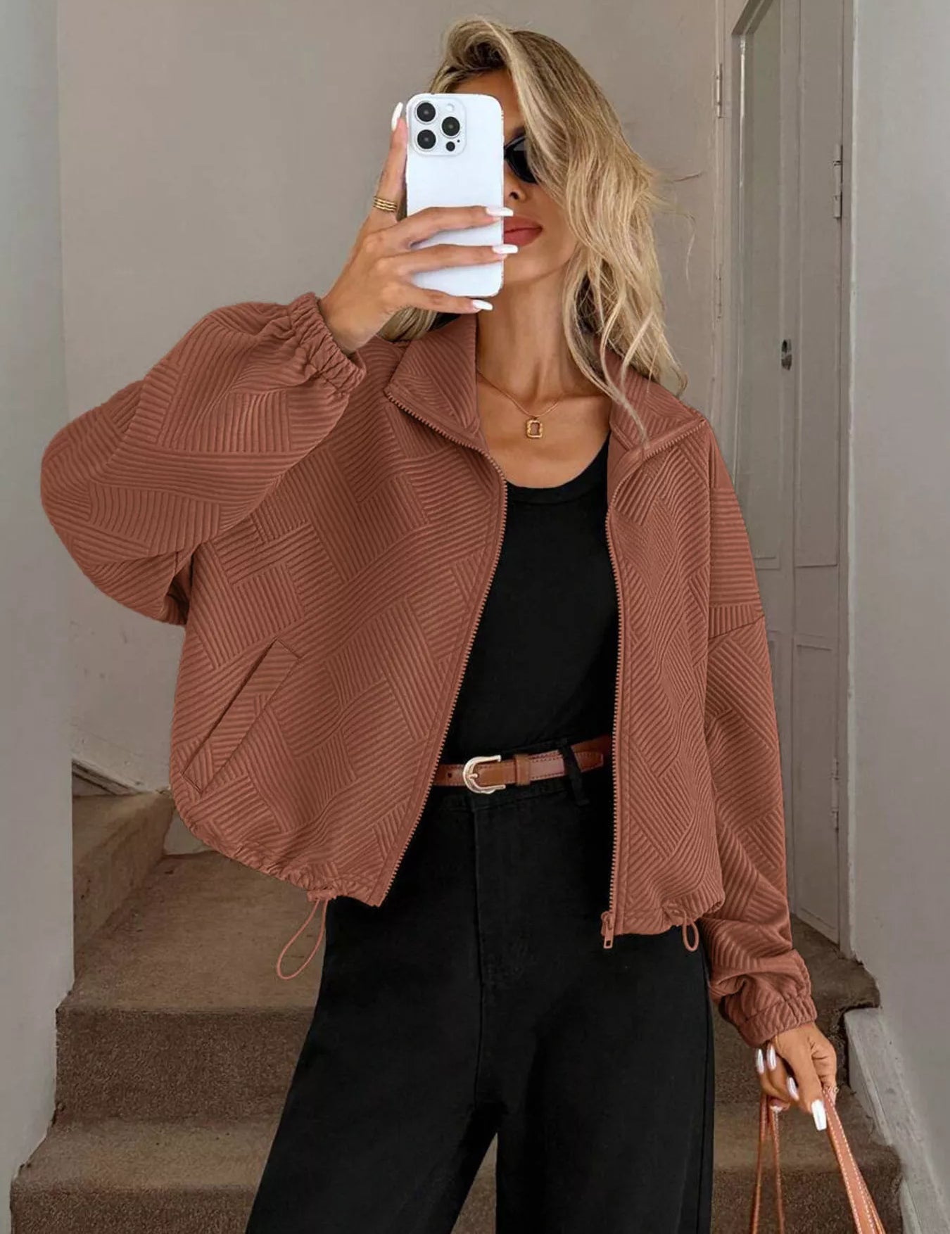 Caramel Drawstring Hem Textured Long Sleeve Jacket | Jackets Daverri Fashions