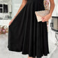 Black surplice short sleeve midi dress in satin with v-neck and puffed sleeves
