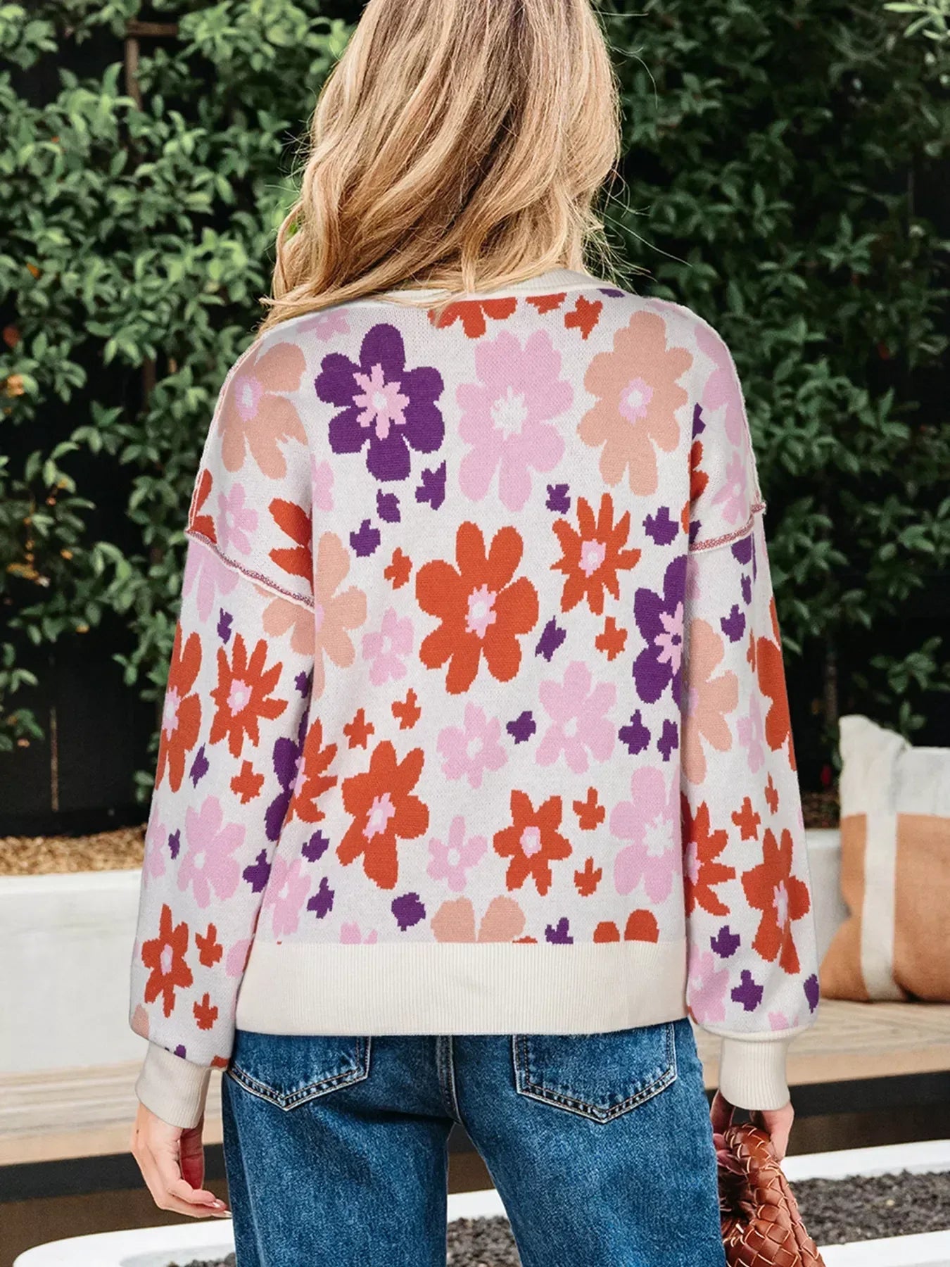 Floral Pattern Drop Shoulder Sweater - DAVERRI FASHIONS