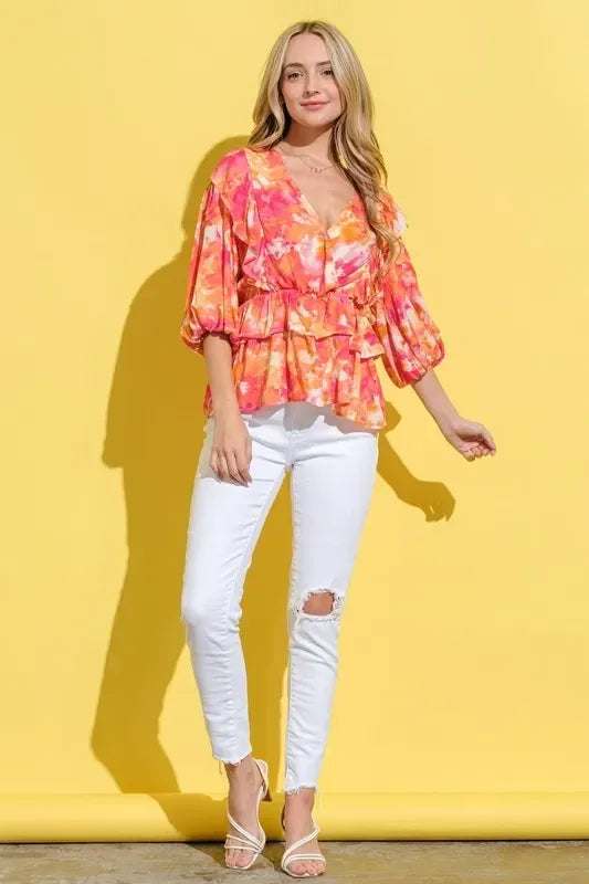 And The Why Ruffled Printed Puff Sleeve Blouse - DAVERRI FASHIONS