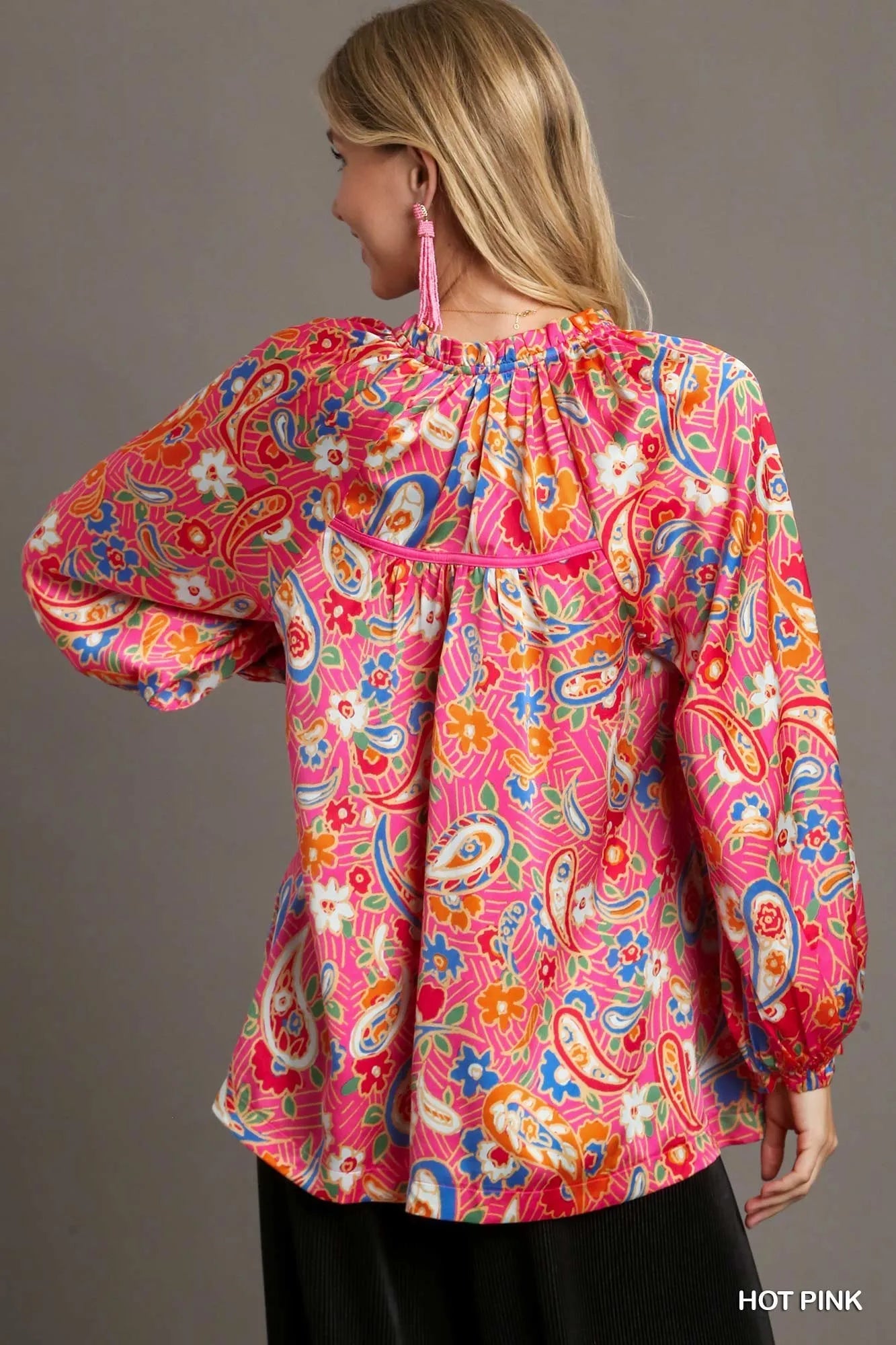 Umgee Full Size Satin Paisley Ruffle Neck Button-Up Shirt Plus Size | Shirts Daverri Fashions