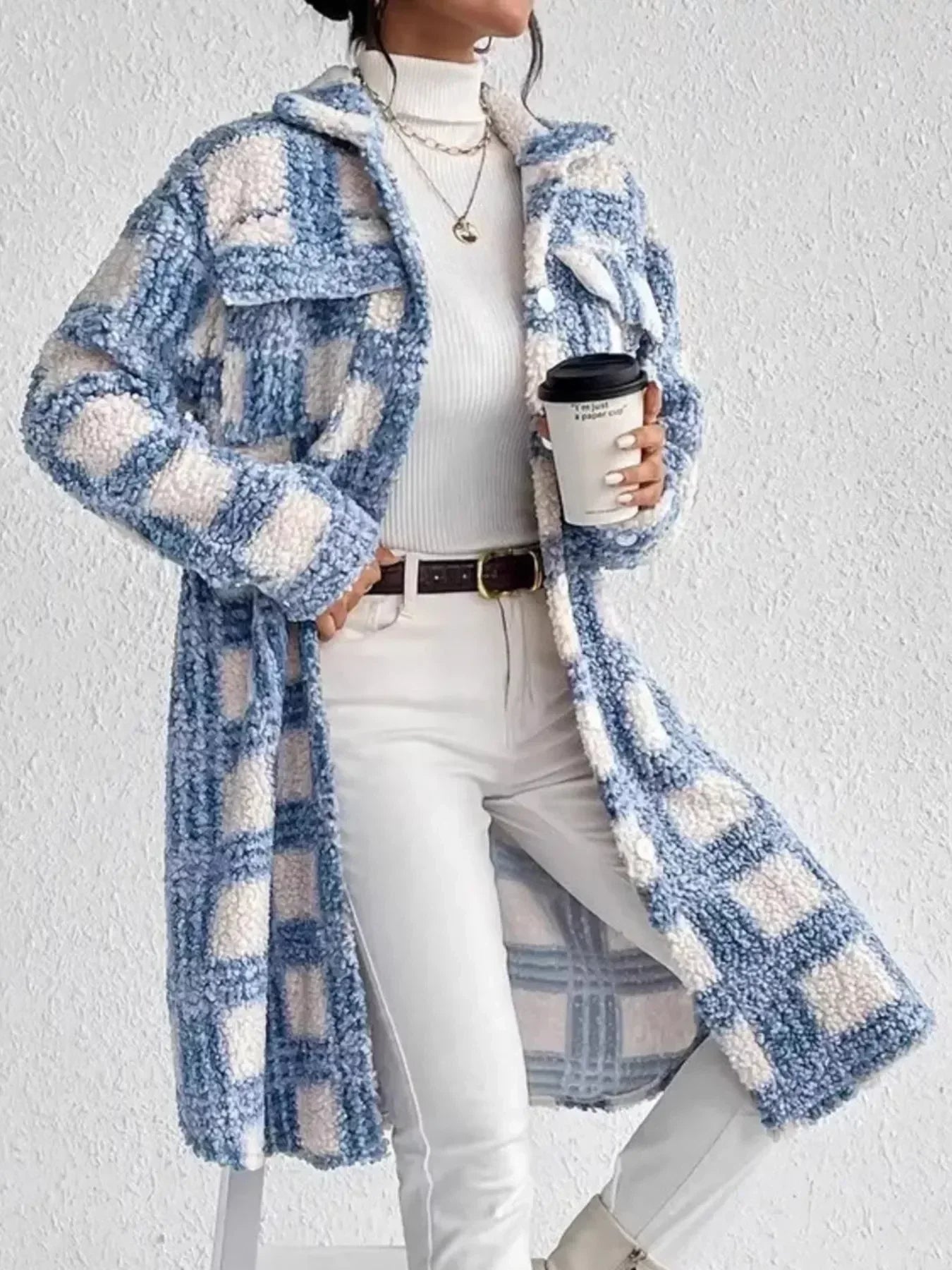 Plaid Button Up Long Sleeve Fleece Coat - DAVERRI FASHIONS