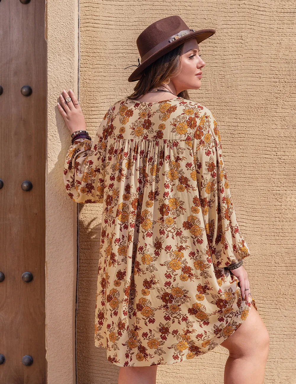 Plus Size Printed V-Neck Balloon Sleeve Mini Dress | Mini Dresses Daverri Fashions